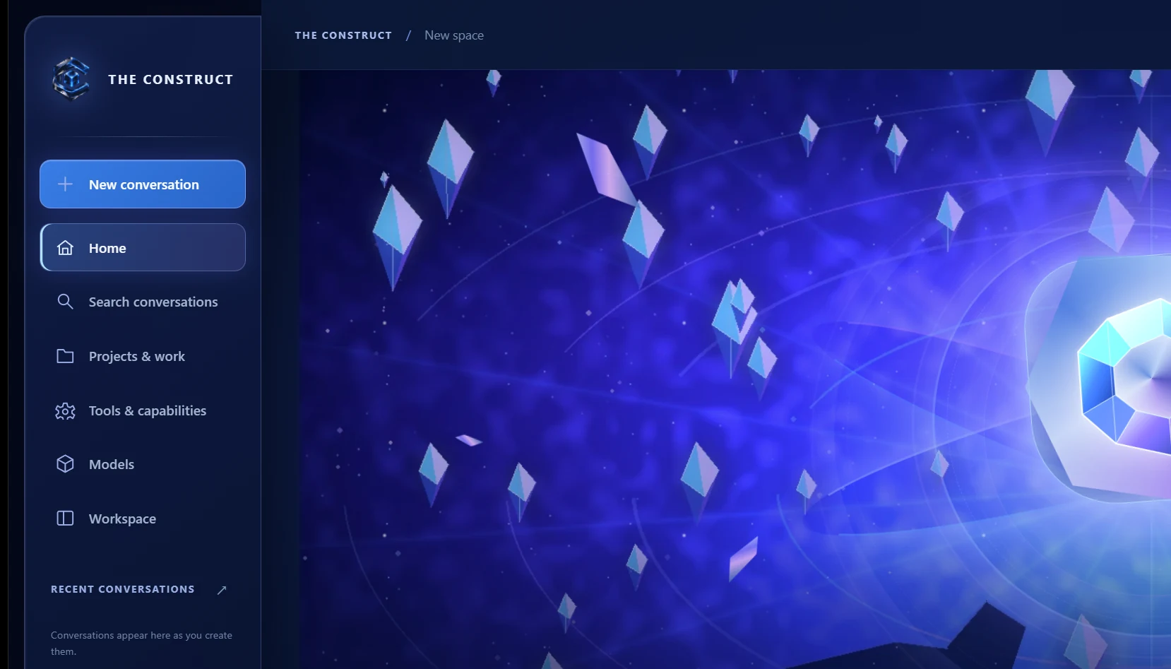Actual desktop screenshot of The Construct home workspace showing the luminous crystalline interface, left navigation, intent composer and work surfaces.